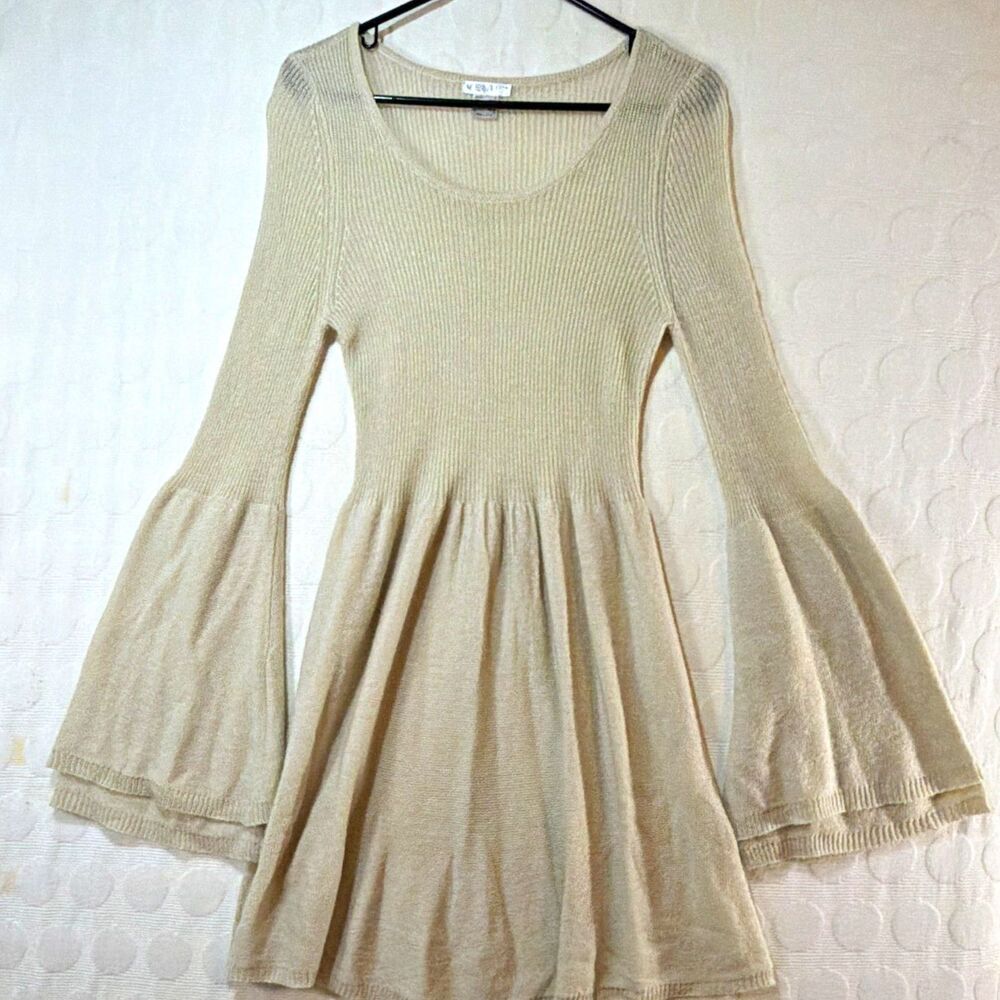 VENUS Women’s Medium Beige Ribbed Knit Fit & Flare Mini Dress Bell Sleeves